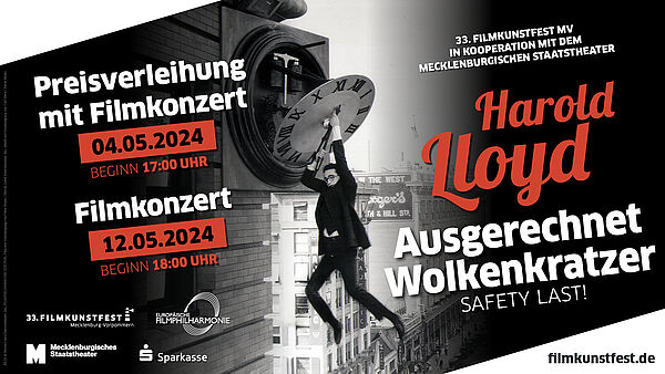 Das Plakat zum Filmkonzert. Harold Lloyd hängt an den Zeigern einer Uhr 12 Stockwerke über den Straßen von Los Angeles...