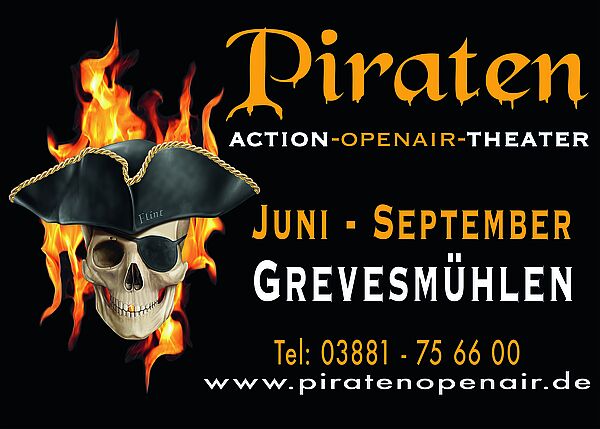 Das Logo zeigt einen Totenschädel mit Piratenhut. Daneben steht eine Schrift mit den Aufführungsdaten.