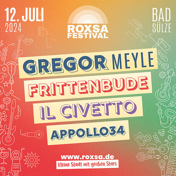 Eine bunte Kachel. Darauf stehen die Acts für Freitag: Gregor Meyle, Frittenbude, Il Civetto und Apollo 34.