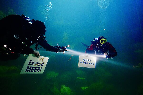Zwei Taucher in einem Aquarium. Sie halten Schilder. Die Aufschrift: Es ist Meer. Die zweite Aufschrift: Herzlich willkommen!