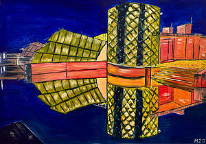 Ein buntes Gebäude vor dunkelblauem Hintergrund. 