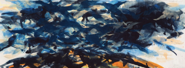 Ein Aquarellbild. Zu sehen sind Himmel und Erde in kräftigen Farben.