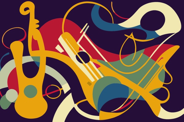 Eine bunte, abstrakte Andeutung verschiedener Musikinstrumente wie Gitarre und Saxophon.