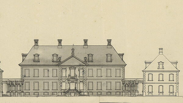 Außenansicht von Schloss Bothmer. Eine Zeichnung.