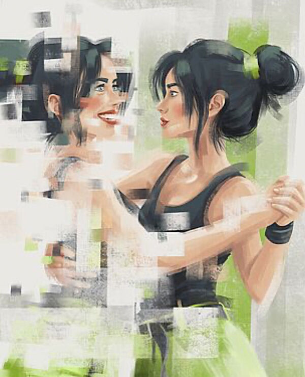 Zwei Frauen. Sie sehen gleich aus, wie ein Spiegelbild. Sie tanzen miteinander. Eine Frau ist in großen Pixeln dargestellt.