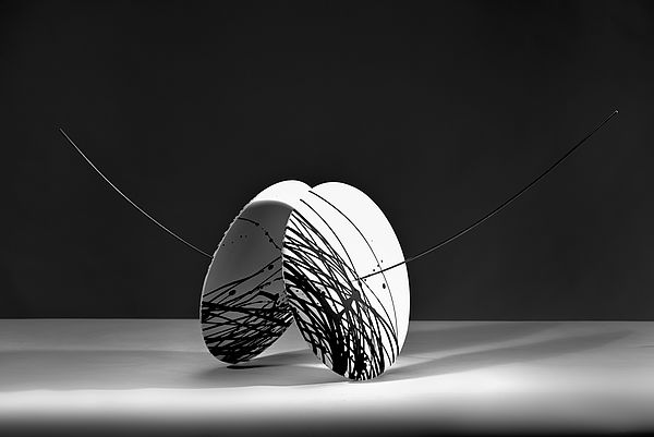 Ein Kunstobjekt von Jutta Albert aus Porzellan und Edelstahl. Fotografiert in schwarz-weiß.