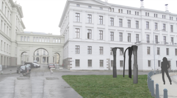 Vor der Staatskanzlei ist ein kleiner Platz. Er ist begrünt. Darauf stehen Skulpturen.