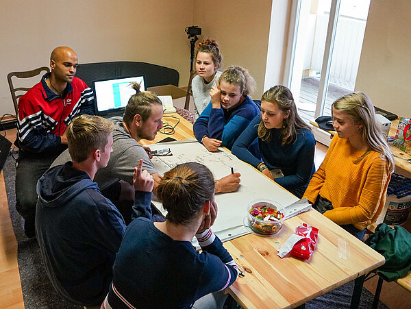Acht junge Frauen und Männer sitzen an einem Tisch. Einer von ihnen notiert Gedanken und Ideen auf einem großen Blatt Papier.