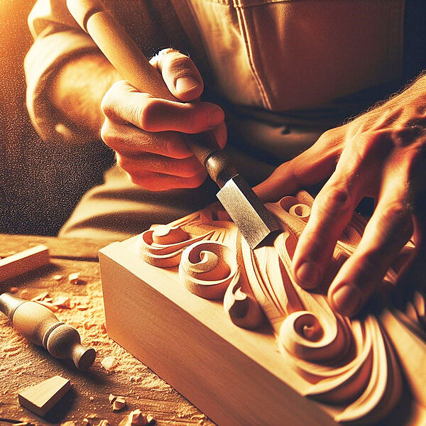 Zwei Hände. Eine Hand hält ein Werkzeug. Die Hände arbeiten an einem Stück Holz.
