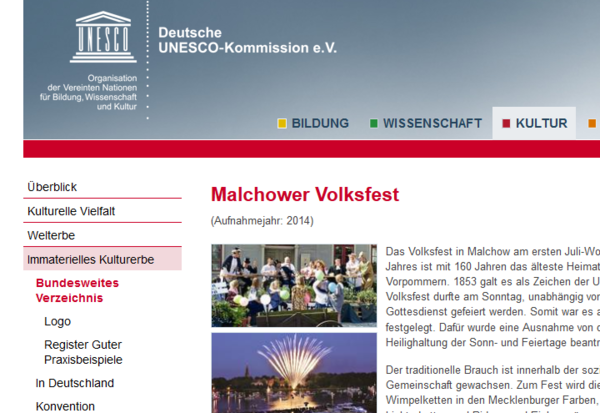 Screenshot von der Homepage der Deutschen Unesco Kommission mit einem Erklärtext zum Malchower Volksfest.