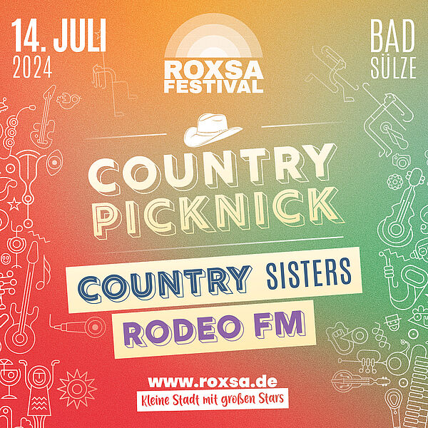 Eine bunte Kachel. Darauf stehen die Acts, die beim Country-Picknick dabei sind: die Country Sisters und Rodeo FM
