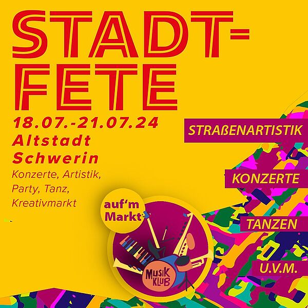 Das Plakat zur Stadtfete. Rote Schrift auf gelbem Hintergrund.