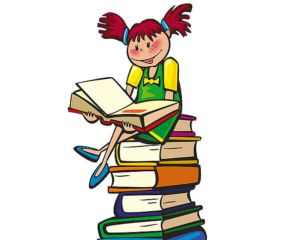 Ein Stapel Bücher. Auf den Büchern sitzt ein Mädchen. Es hält ein aufgeklapptes Buch in der Hand und liest. Das Bild ist eine Zeichnung.
