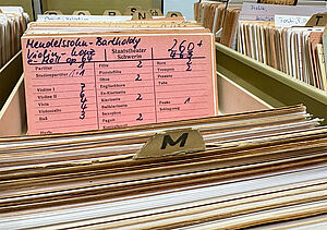 Ein Kasten voller Karteikarten. Die Karten sind alphabetisch sortiert. 
