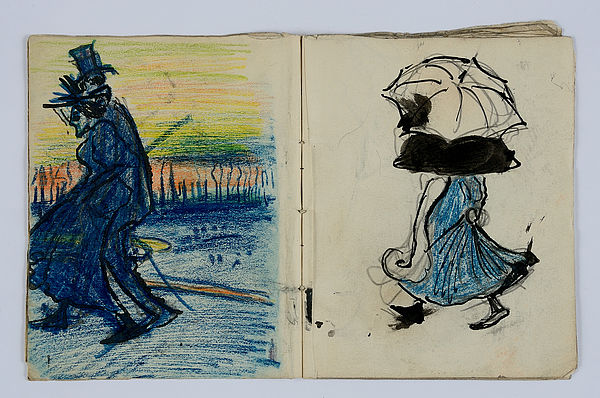Auf der linken Seite befindet sich eine farbige Zeichnung. Ein Mann und eine Frau gehen auf blauem Untergrund nebeneinander her. Im Hintergrund zeichnet sich orange und gelb ein Horizont ab. Auf der rechten Seite befindet sich eine Frau von hinten. Sie trägt ein langes, wallendes Kleid und einen aufgespannten Schirm. 