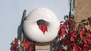Vor einer Hauswand steht eine weiße Skulptur. Um sie herum wachsen rote Blätter.
