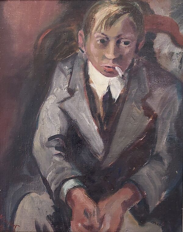 Ein Gemälde aus Öl. Das Bild zeigt einen rauchenden Mann im Anzug.