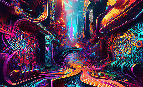 Viele Linien und Muster. Die Linien und Muster sind bunt. Die Farben sind zum Beispiel rot, gelb, grün, blau, lila, pink. Die Linien und Muster verteilen sich über das gesamte Bild. Sie sind gebogen oder gerade. Das Bild ist abstrakt.