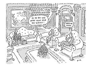 Ein Wohnzimmer. Ein Mann und eine Frau sitzen in Sesseln. Die Frau sagt: Es ist bei uns nicht alles Gold, was glänzt. Der Mann sagt: Aber das meiste.