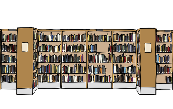 Eine Zeichnung von langen, gefüllten Bücherregalen.