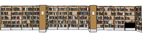 Eine Zeichnung von langen, gefüllten Bücherregalen.