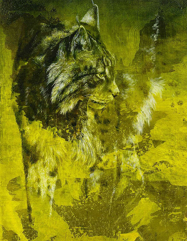 Ein Ölgemälde. Grüne Farben zeigen einen Luchs.