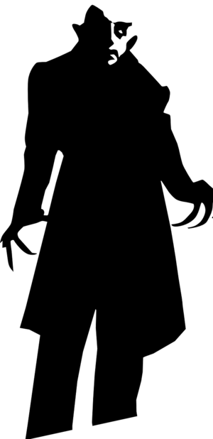 Eine Zeichnung von Nosferatu. Er ist ganz in Schwarz gekleidet.