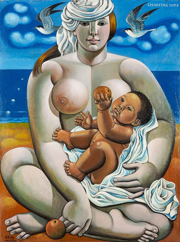 Das Kunstwerk zeigt eine nackte Frau an einem Strand mit einem Baby im Arm.