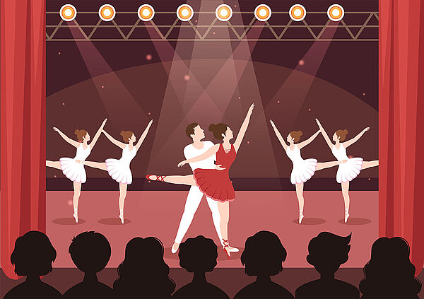 Eine Bühne. Auf der Bühne sind sechs Tänzer. Sie zeigen Ballett. Vor der Bühne sitzen Zuschauer. Das Bild ist eine Zeichnung. 