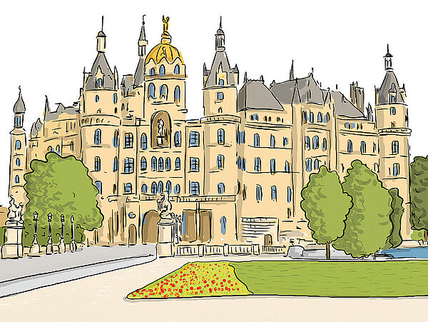 Eine Zeichnung vom Schweriner Schloss