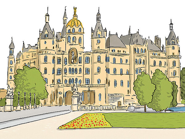 Eine Zeichnung vom Schweriner Schloss