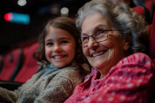 Ein junges Mädchen und eine ältere Frau sitzen im Kino.