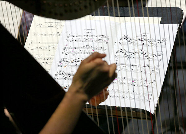 Zwei Hände. Sie spielen Harfe. Im Hintergrund stehen Notenblätter.