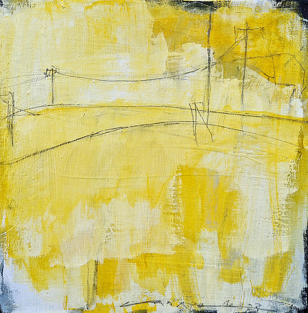 Ein Bild in Gelb und Weiß. Mit schwarzen Linien, die an Strommasten auf Feldern erinnern. 