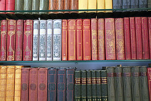 In einem Bücherregal stehen Bücher von Reuter. Die Buchrücken sind grün, rot, gelb, violett und grau-weiß.