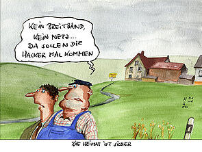 Eine Karikatur. Zwei Männer stehen vor ihrem Dorf.