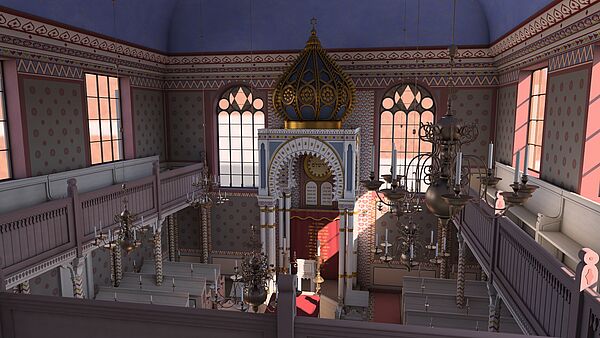 Die Rekonstruktion der TU Darmstadt zeigt einen Raum mit hohen Fenstern, Altar, Sitzbänken und Emporen.