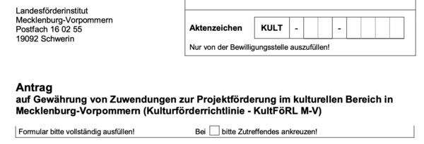 Ausschnitt aus einem Förderantrag. Er enthält die Adresse des Landesförderinstituts und einige Felder zum Ausfüllen.