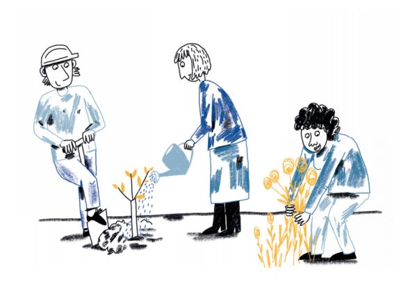 Auf der Zeichnung sind drei Personen. Eine von ihnen gießt eine Pflanze. Eine andere sticht mit einem Spaten an der Blume in die Erde. Die dritte pflückt Blumen.