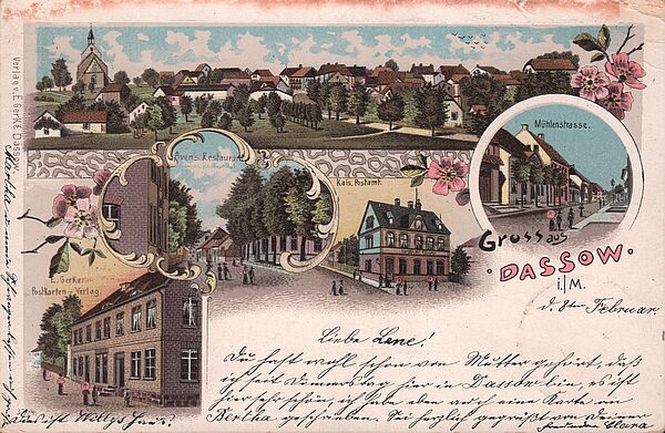 Auf einer alten Karte sieht man Ansichten von Dassow.