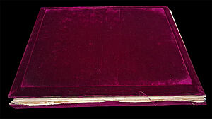 Ein Buch. Der Einband ist aus rotem Samt. Der Einband ist kaputt.