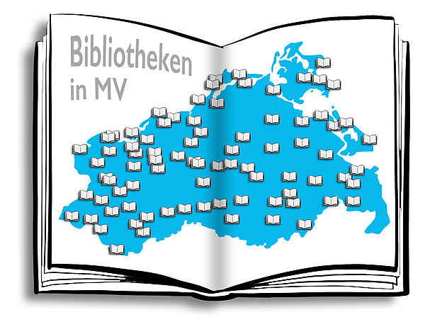 Ein gezeichnetes, aufgeschlagenes Buch mit einer blauen Landkarte von MV. Darauf verteilen sich kleine, aufgeschlagene Bücher.