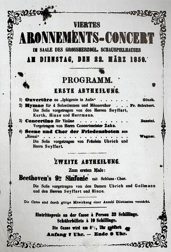 Ein Blatt Papier aus dem Jahr 1859. Es kündigt ein Abonnement-Konzert an.