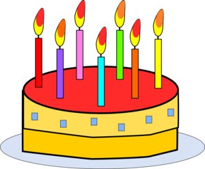 Zeichnung einer Torte, auf der sieben bunte Kerzen brennen.