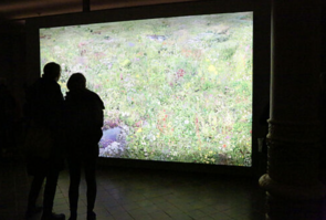 Zwei Besucher stehen im abgedunkelten Raum und betrachten eine beleuchtete Installation.