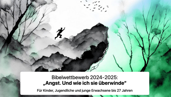 Das Plakat zum Wettbewerb. Ein gezeichneter Mensch eilt einen Berg hinauf.