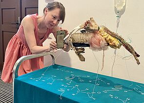 Über einem mit einem Tuch bedeckten Servierwagen hängt ein tierisches Wesen. Susann Gabler fotografiert es.