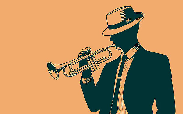 Ein Mann. Der Mann spielt Trompete.