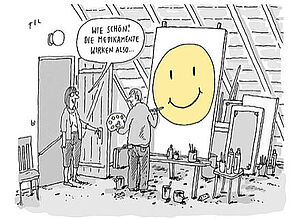 Ein Atelier. Ein Mann steht vor einer Leinwand. Er hat einen gelben Smiley gemalt. Eine Frau kommt zur Tür herein. Die Frau sagt: Wie schön; die Medikamente wirken also.