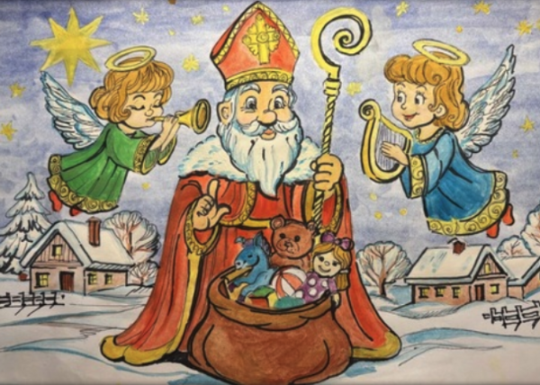 Der Weihnachtsmann und zwei Engel als Zeichnung.